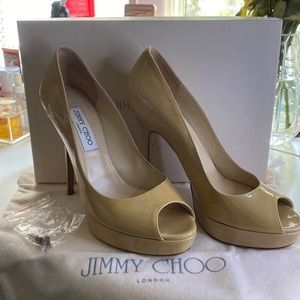 Jimmy Choo Nude Patent Leather Peep Toe Heels Size 39